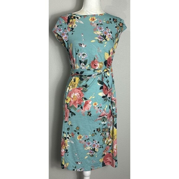 MyBump Maternity Wendy Mint Floral Bow Tie Midi Dress Size Small - Picture 2 of 10